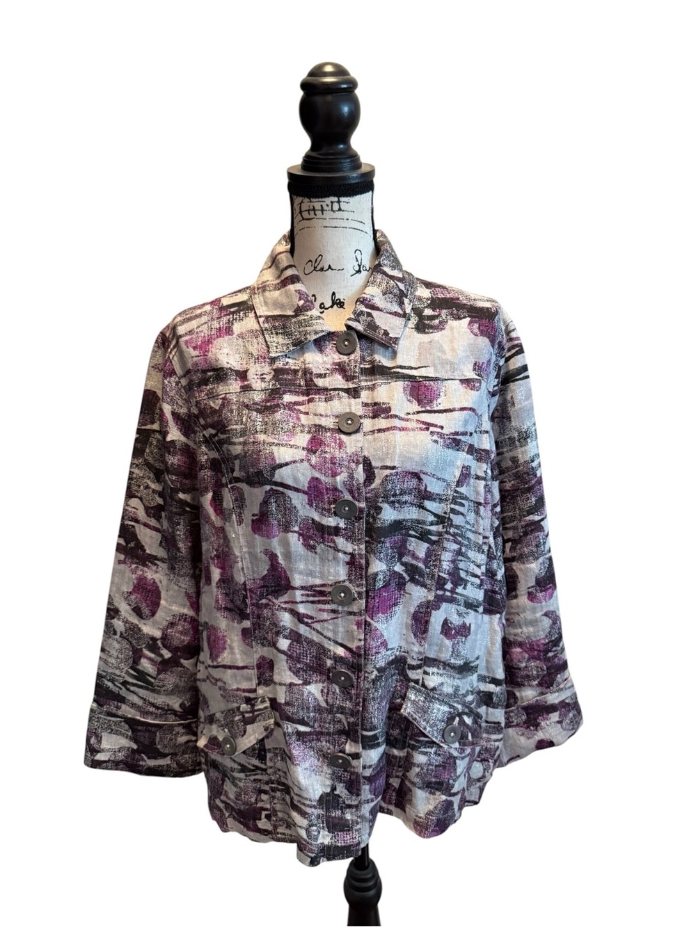 Chicos Linen Blazer Jacket Purple Gray Abstract Print Size Large Lightweight